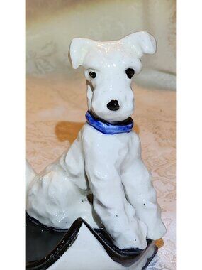 Vintage Adorable Ceramic Airedale On Book1940s Home Décor Piece